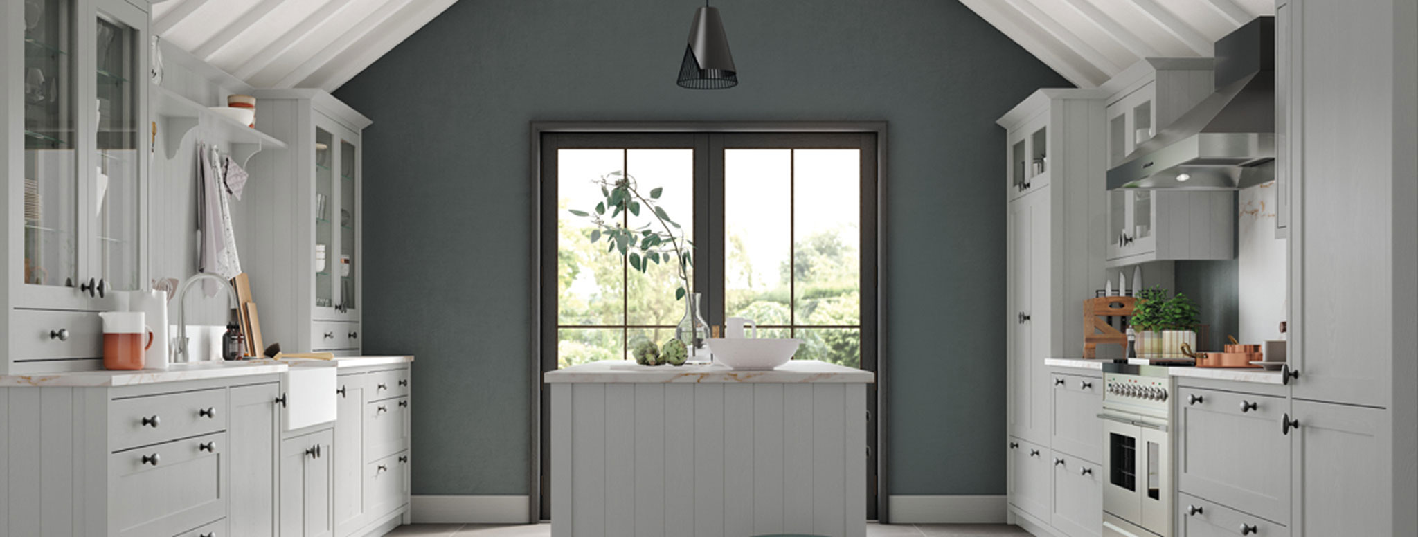 Kitchen with grey kitchen doors